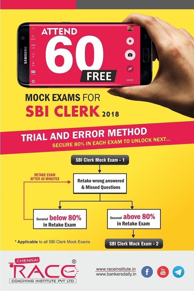 60 free SBI Clerk Online Mock Exams - trial and error method - fresh